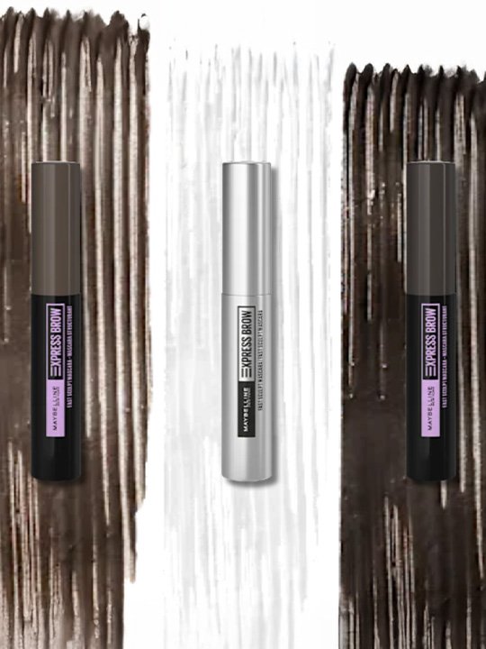 Drei Maybelline Express Brow Gels in verschiedenen Farben – Produkt- und Farbdarstellung auf strukturiertem Hintergrund.