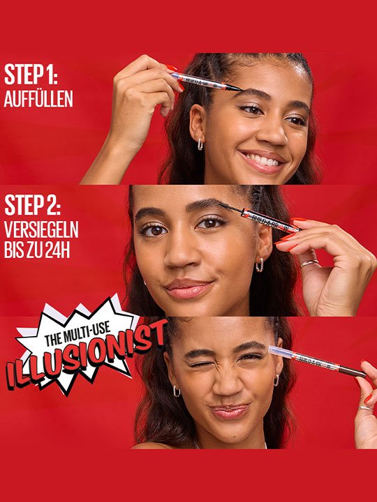 Anwendung des Tattoo Brow Multi-Use Pens in drei Schritten – betonte, langanhaltend gestylte Brauen.