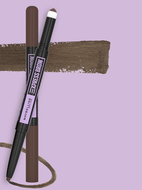 Maybelline Express Brow 2-in-1 Augenbrauenstift mit matter Puderseite auf lila Hintergrund.