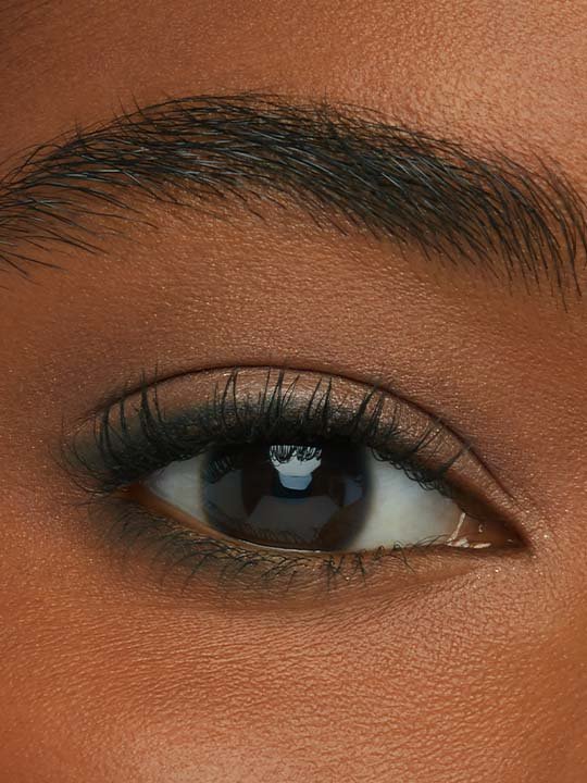 Nahaufnahme eines dunklen Auges mit definierter, dichter Augenbraue und dezentem Augen-Make-up.