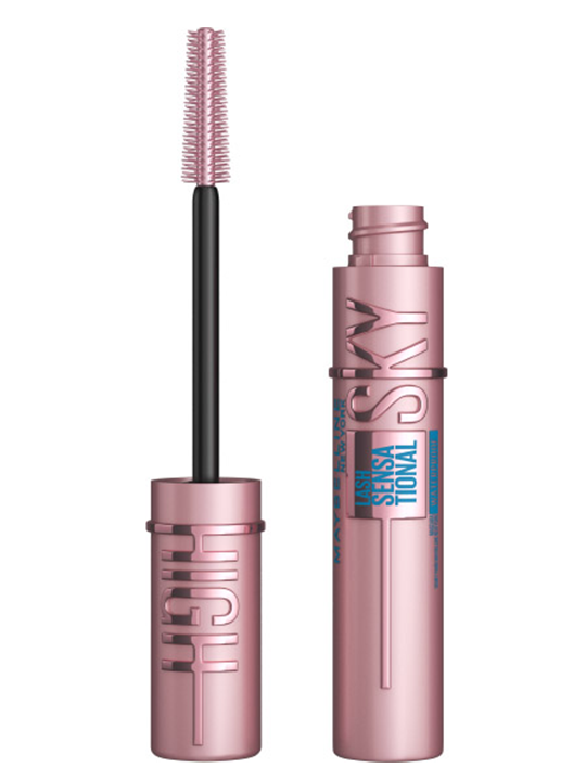 Maybelline Lash Sensational Sky High Mascara in rosé-metallischem Design, geöffnet mit flexibler Silikonbürste.