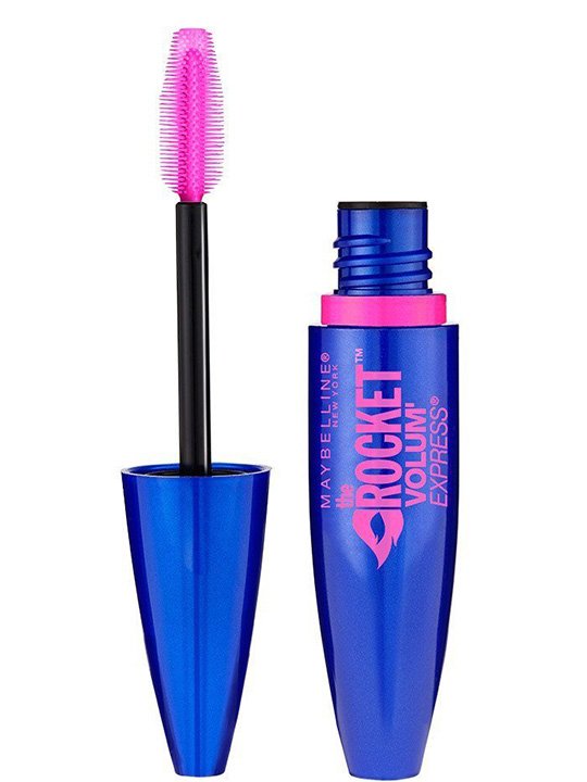 Geöffnete Maybelline The Rocket Volum’ Express Mascara in Blau mit pinker Bürste.