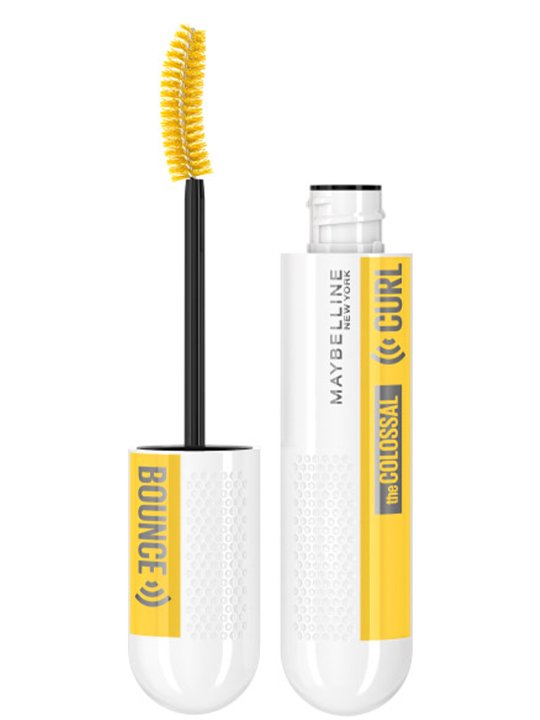 Geöffnete Maybelline The Colossal Curl Bounce Mascara in Weiß mit gelben Akzenten.