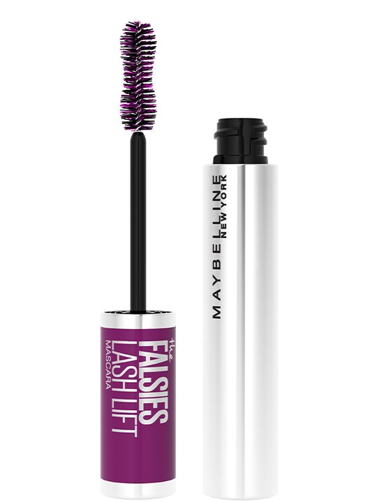 Geöffnete Maybelline The Falsies Lash Lift Mascara in Silber mit lila Schriftzug.