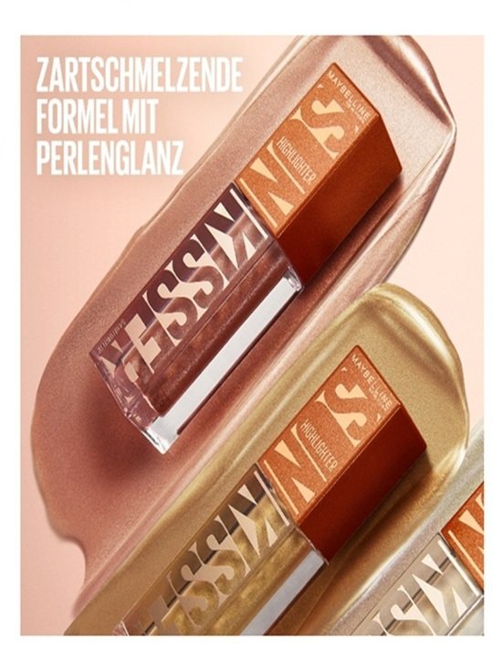 Drei Sunkisser Highlighter nebeneinander mit Schriftzug links „Zartschmelzende Formel mit Perlenglanz“