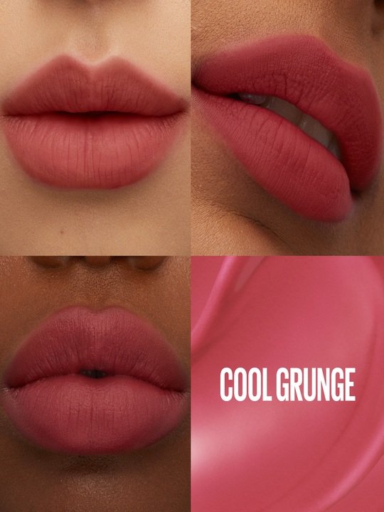 Drei Lippen unterschiedlicher Hauttöne, die den Teddy Tint Lippenstift in Cool Grunge tragen