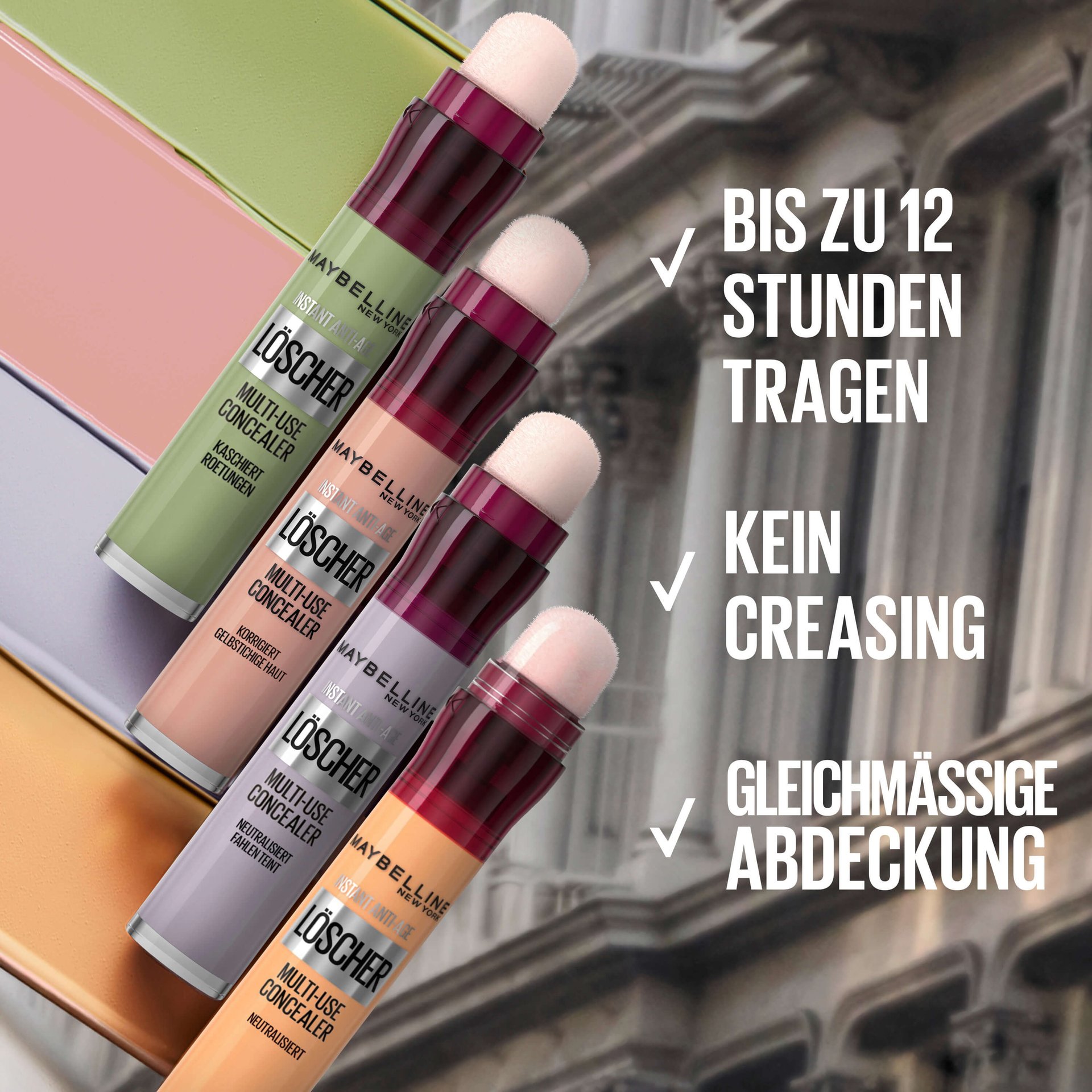 Vier Instant Anti-Age Löscher Color Corrector Concealer unterschiedlicher Shades, bis zu 12 Stunden tragen, kein Creasing, gleichmäßige Abdeckung