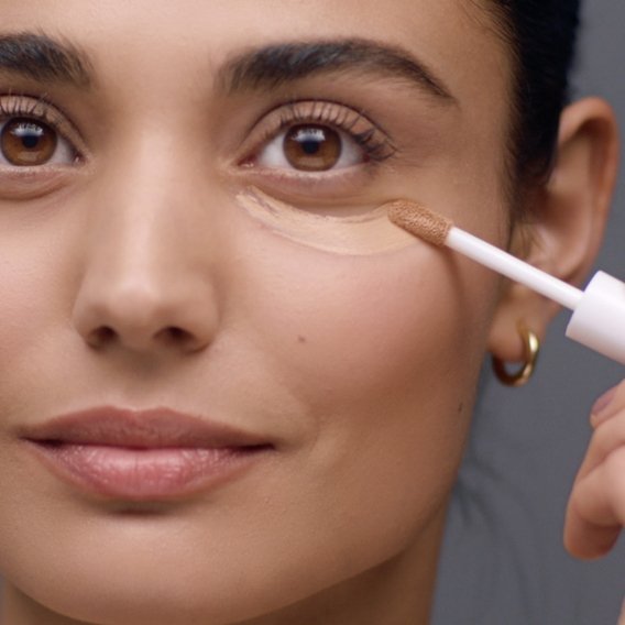 Eine Frau, die Concealer unter ihr Auge aufträgt