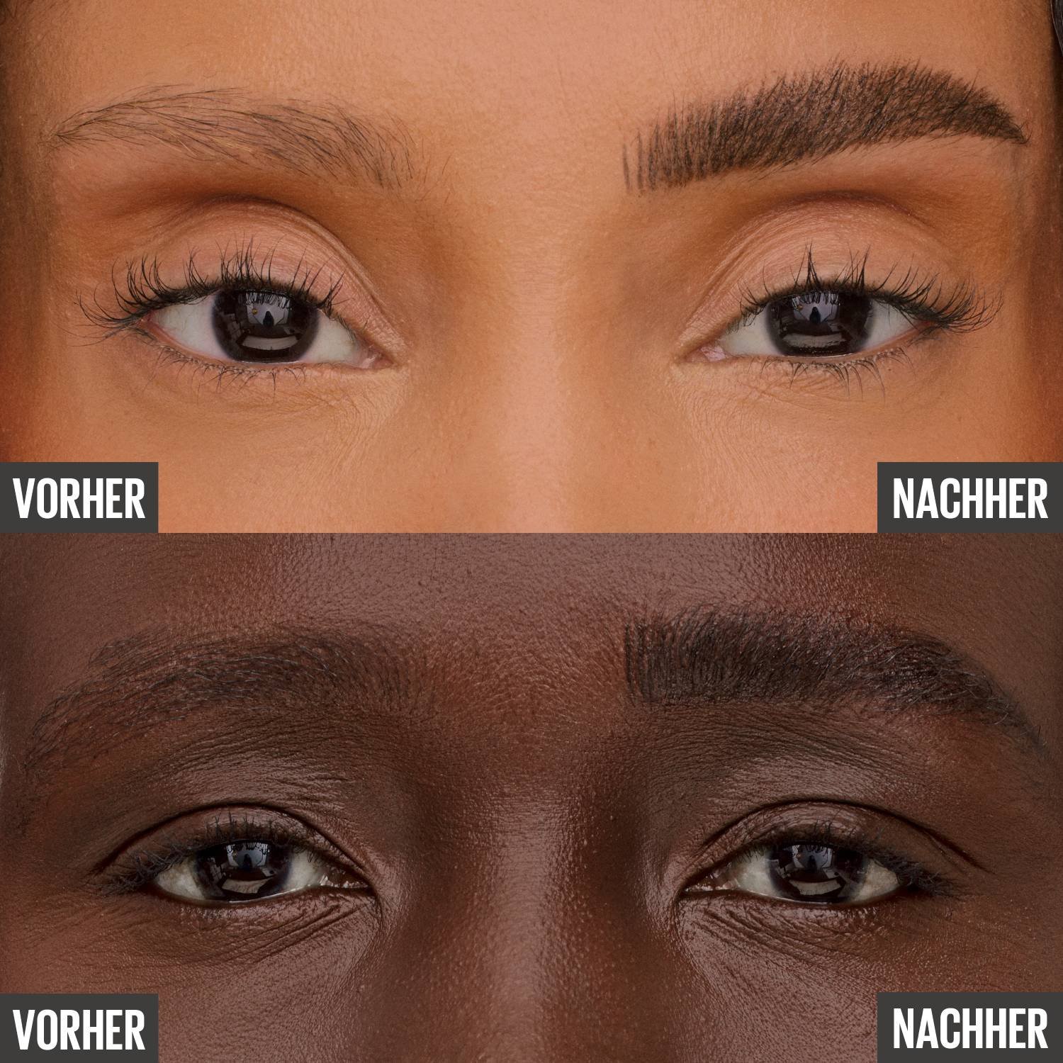 Vorher-Nachher-Vergleich auf zwei verschiedenen Hauttönen demonstriert die verdichtende Wirkung des Produkts.