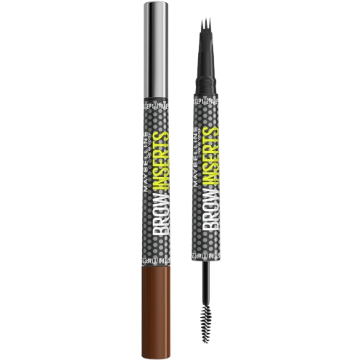 Zwei Maybelline Brow Inserts Augenbrauenstifte geschlossen und geöffnet vor weißem Hintergrund