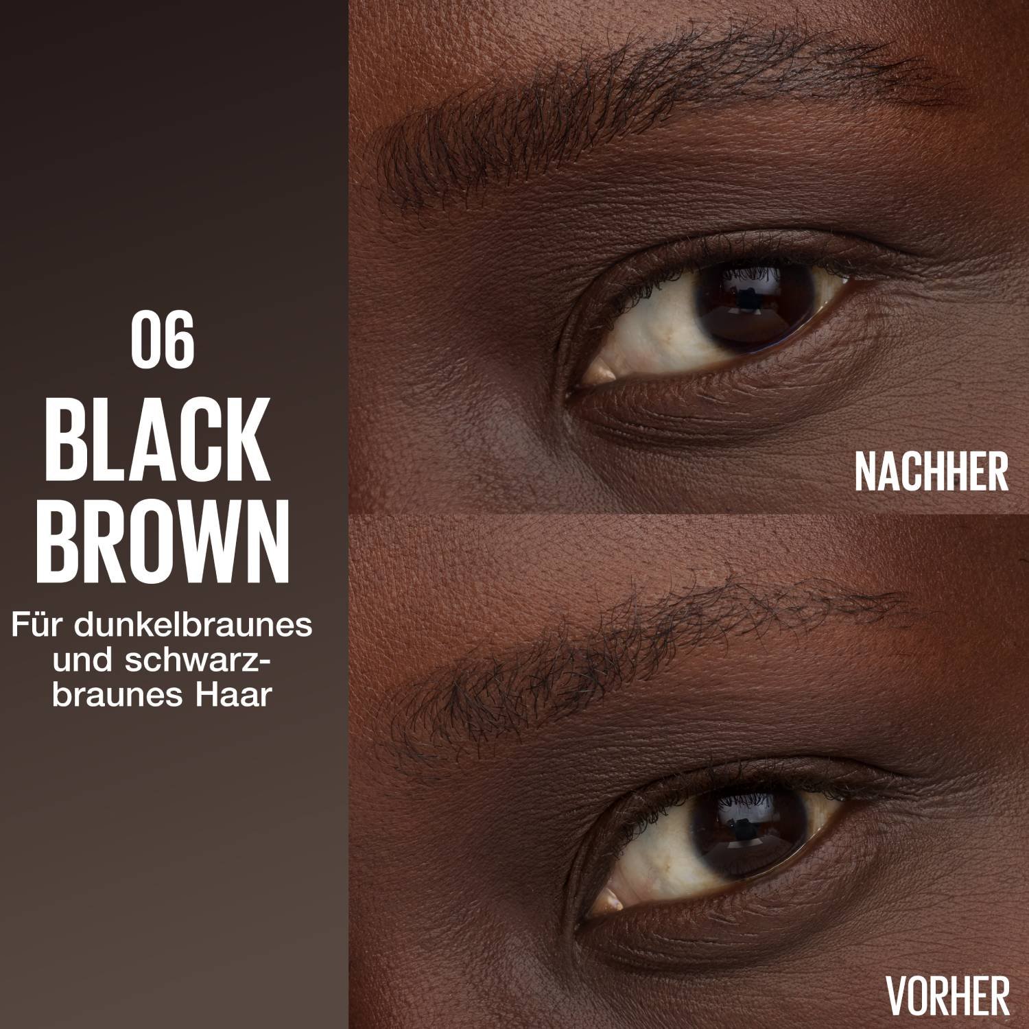 Vorher-Nachher-Bild der Anwendung des Brow Inserts in 06 Black Brown