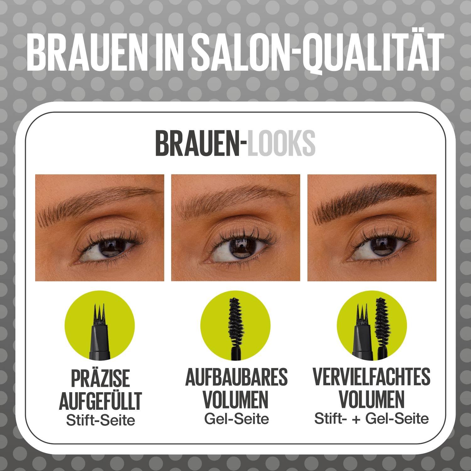 Drei Bilder von Augenbrauen, die die Anwendung des Bromit der Stift-Seite, der Gel-Seite oder beiden kombiniert. w Inserts zeigen: 
