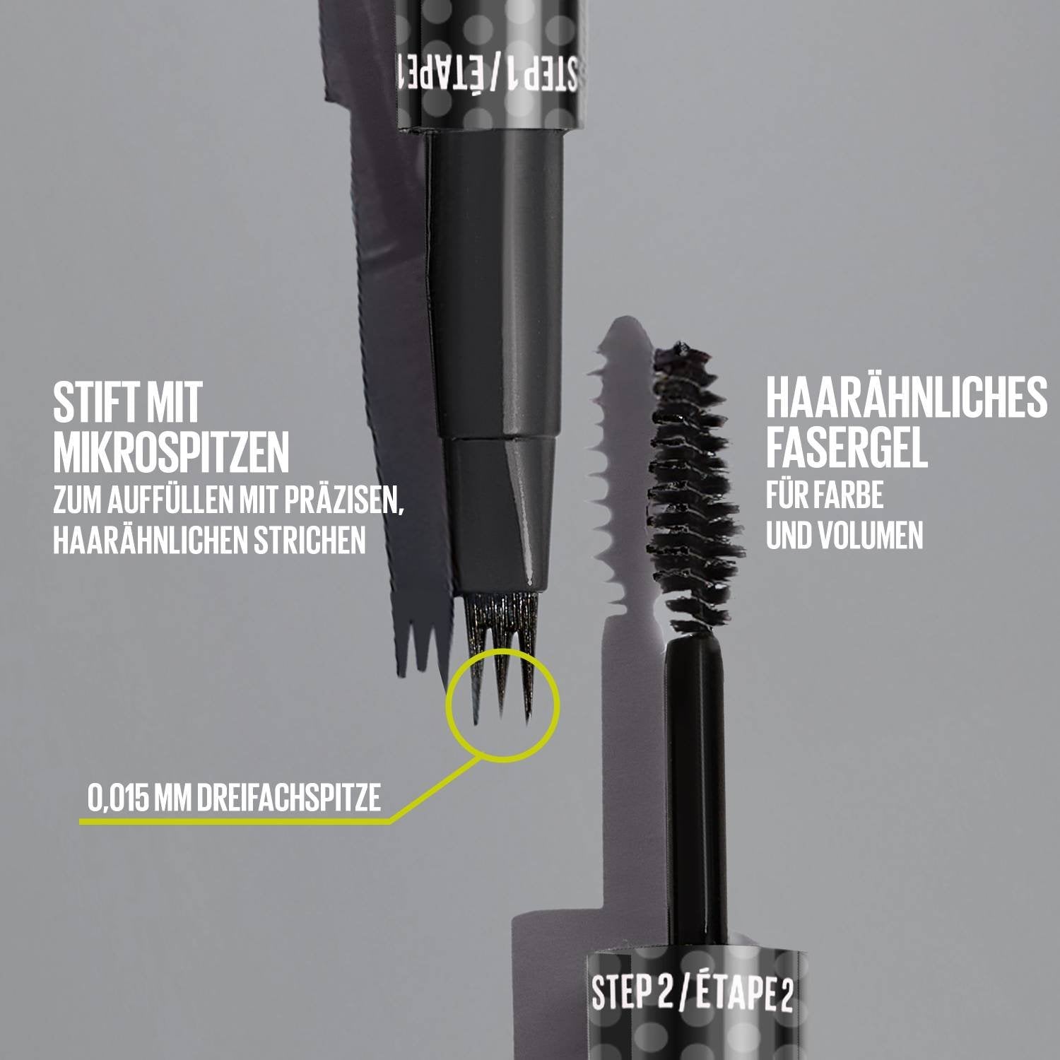 Detailansicht der präzisen 0,015 mm Dreifachspitze des Brow Inserts und des Bürstchens