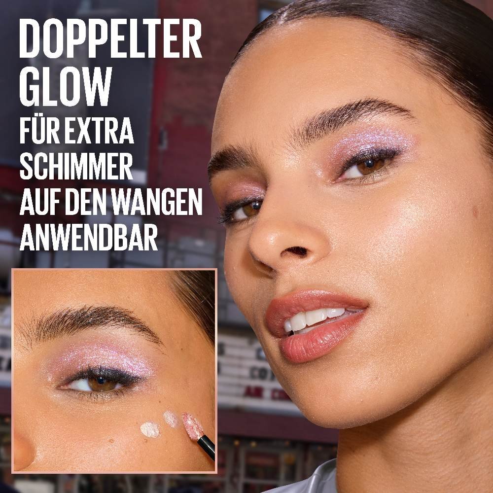 Gesicht einer Frau, die den Chroma Liquid Eyeshadow auf den Augen und Wangen trägt.