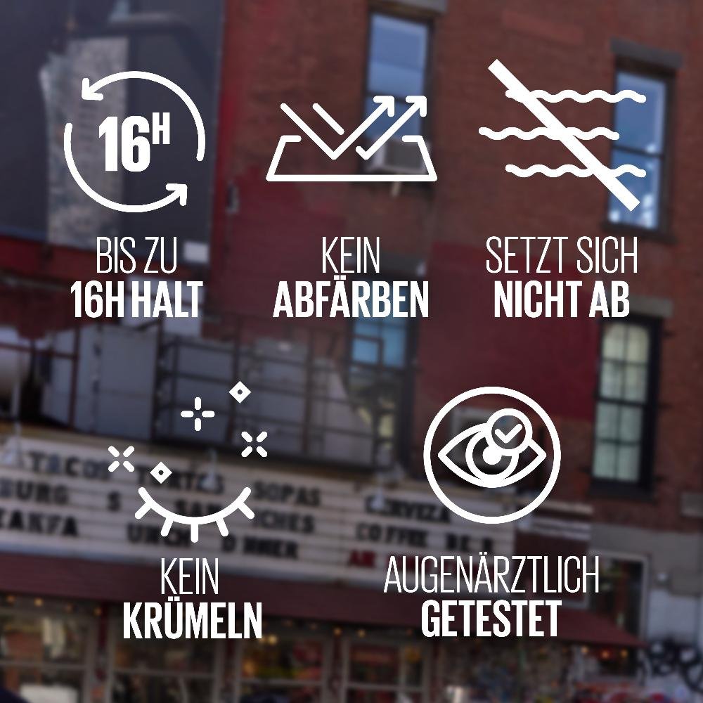 Infografik mit Symbolen zu Produkteigenschaften wie 16 Stunden Halt, kein Abfärben, kein Krümeln und augenärztlicher Prüfung