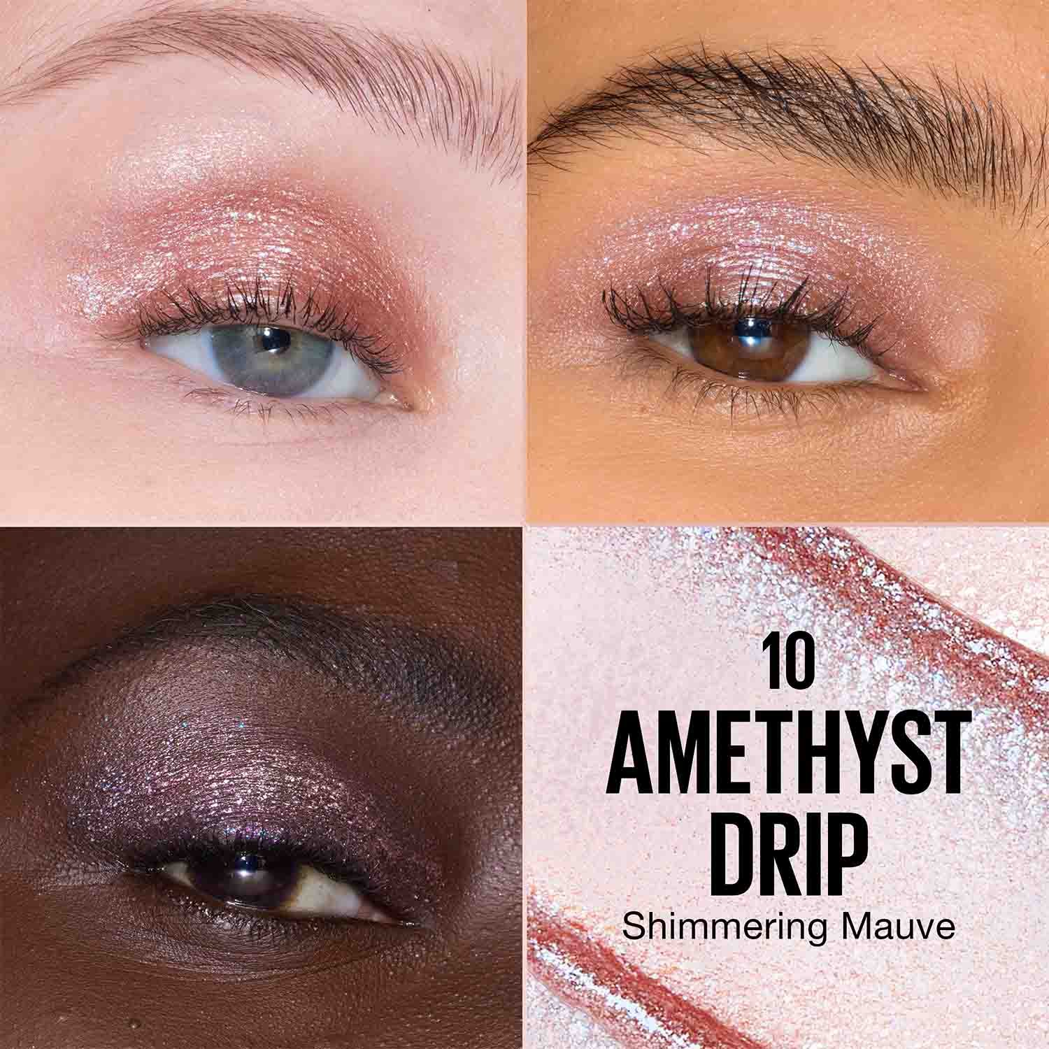 Chroma Liquid Eyeshadow in Amethyst Drip auf drei unterschiedlichen Hauttönen.