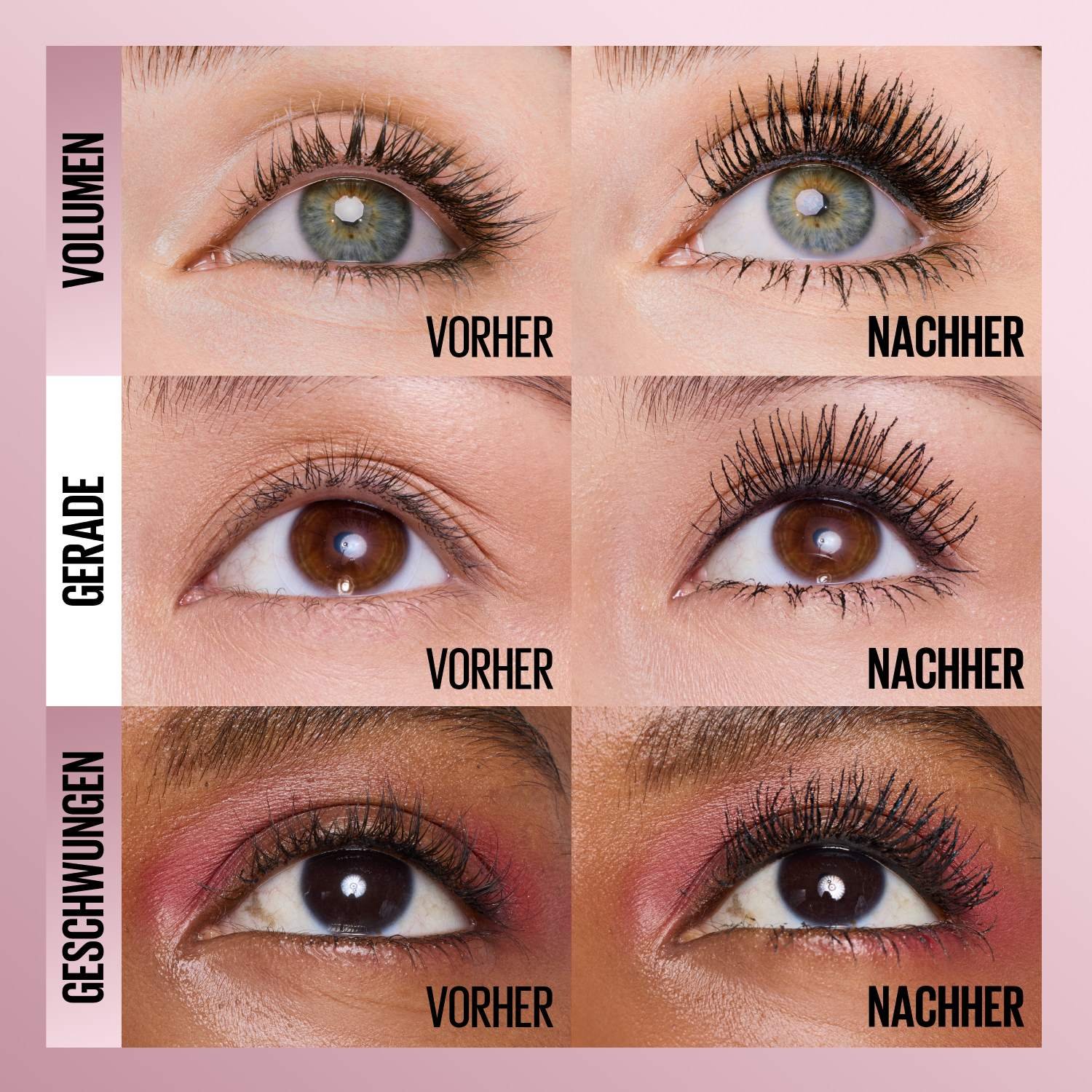 Drei Vorher-Nachher-Bilder zeigen Tubing Mascara Effekt hinsichtlich Volumen, Länge und Schwung