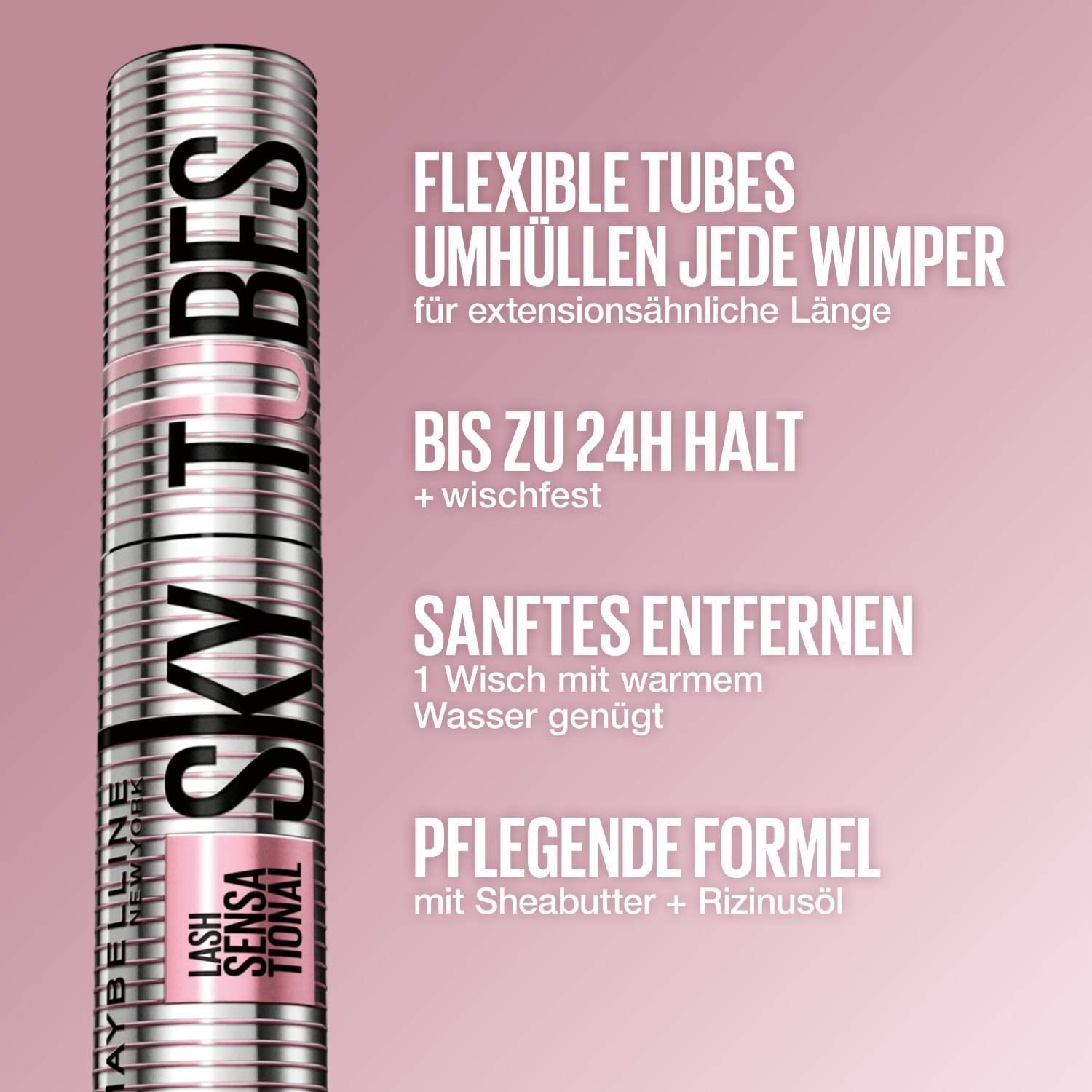 Die Maybelline Sky High Mascara wird mit ihren Hauptvorteilen wie 24 Stunden Halt und einer pflegenden Formel mit Rizinusöl präsentiert