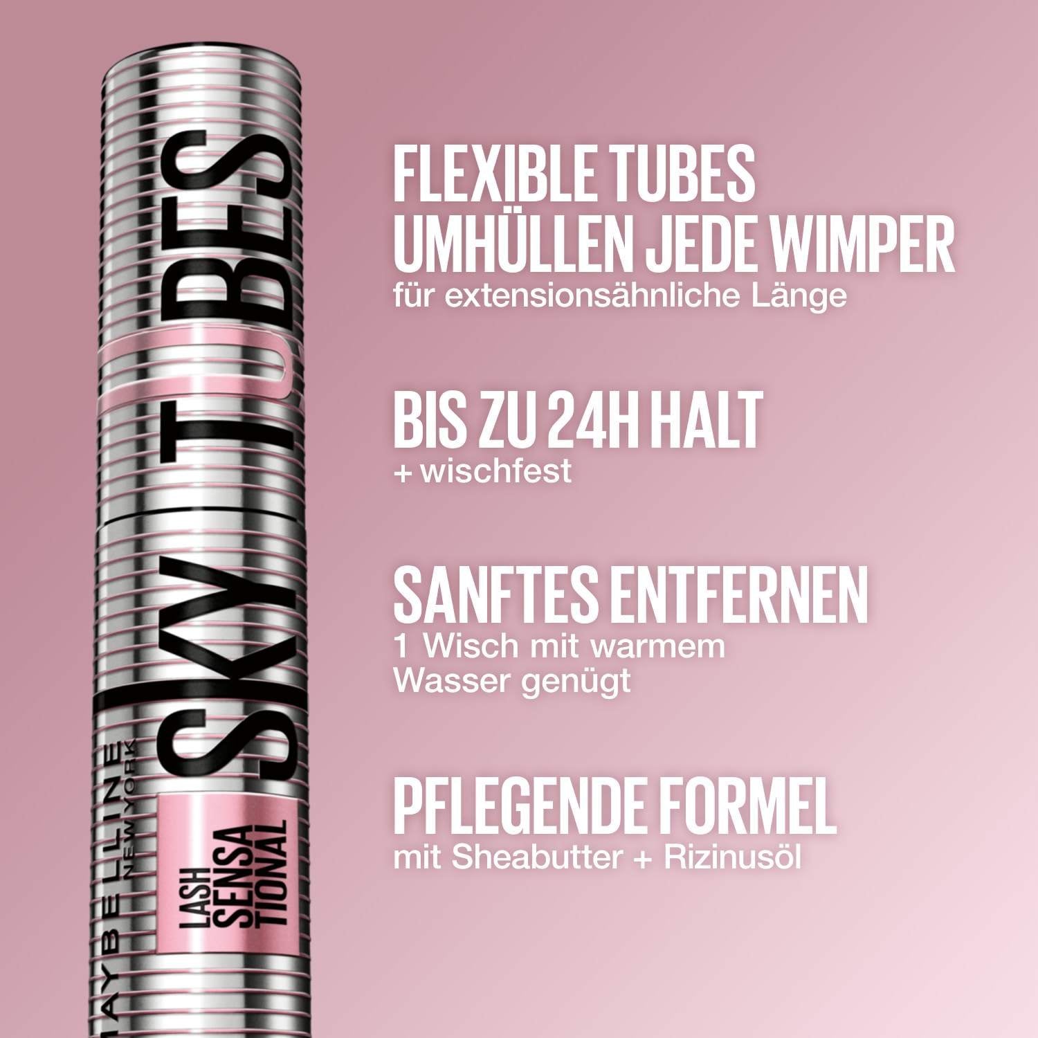 Die Maybelline Sky High Mascara wird mit ihren Hauptvorteilen wie 24 Stunden Halt und einer pflegenden Formel mit Rizinusöl präsentiert