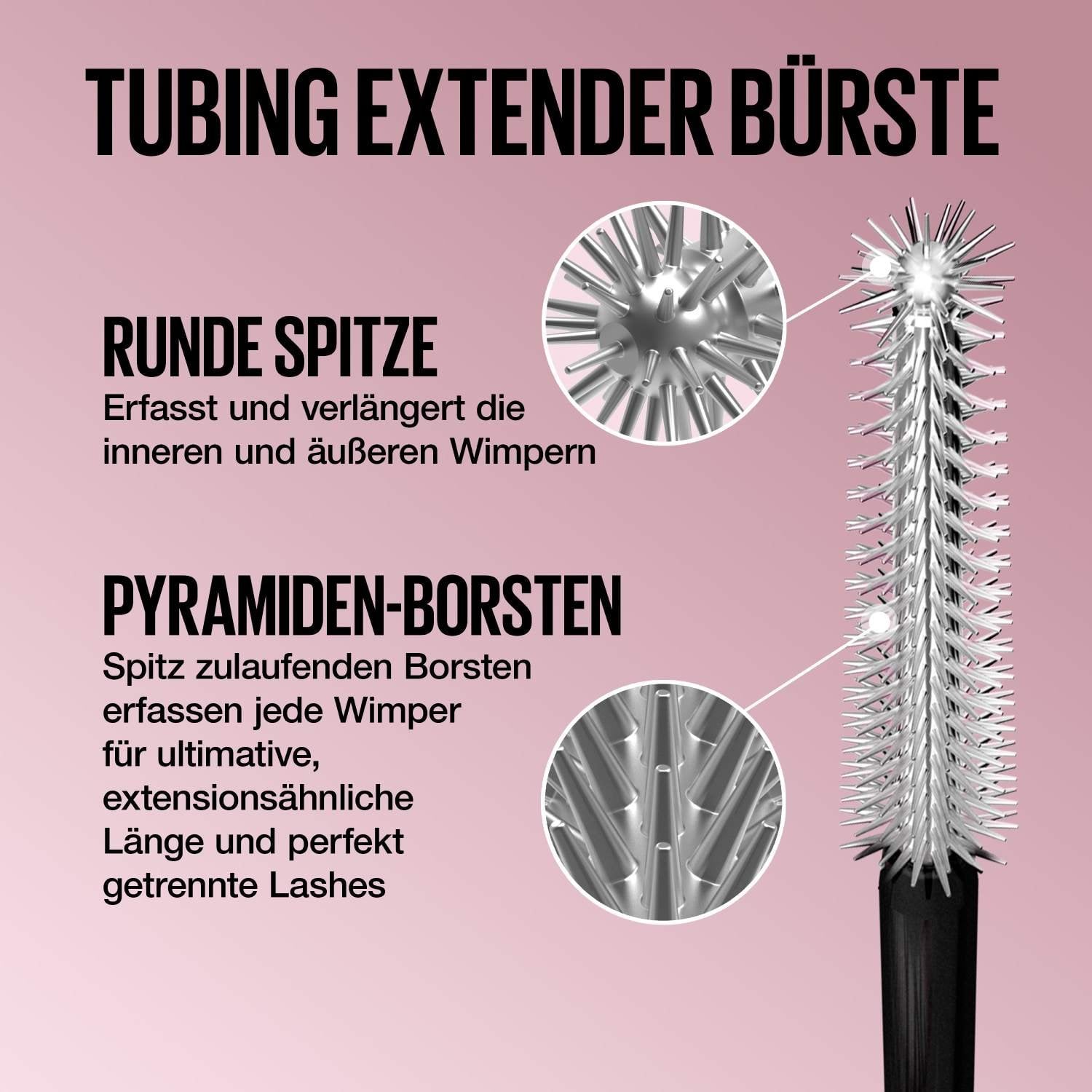 Grafik erläutert die Vorteile der Tubing Extender Bürste mit ihrer runden Spitze und den speziellen Pyramiden-Borsten