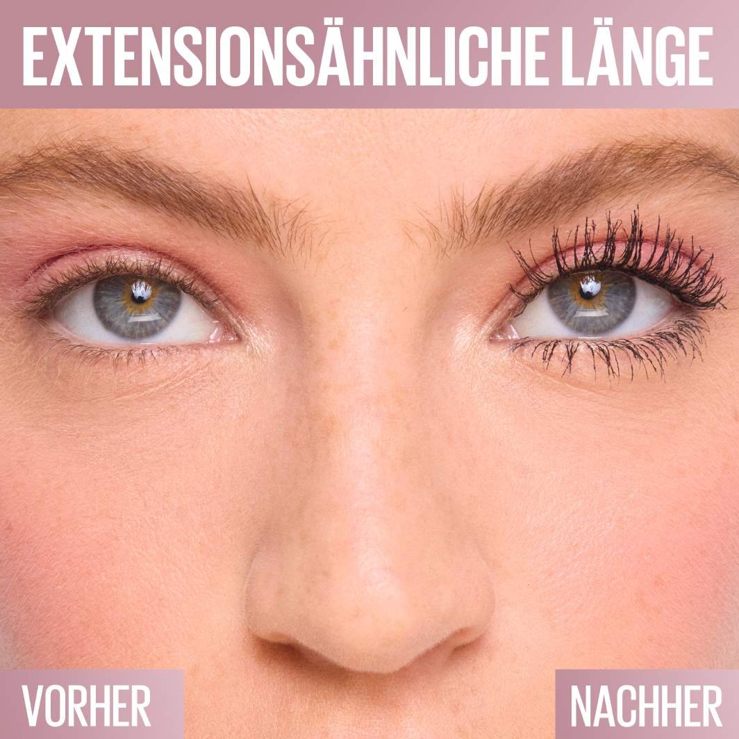 Direkter Vorher-Nachher-Vergleich zeigt die deutliche optische Verlängerung der Wimpern durch die Mascara.