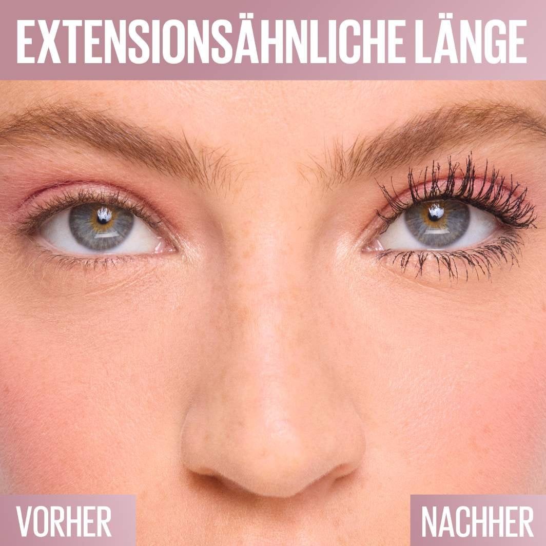 Direkter Vorher-Nachher-Vergleich zeigt die deutliche optische Verlängerung der Wimpern durch die Mascara.