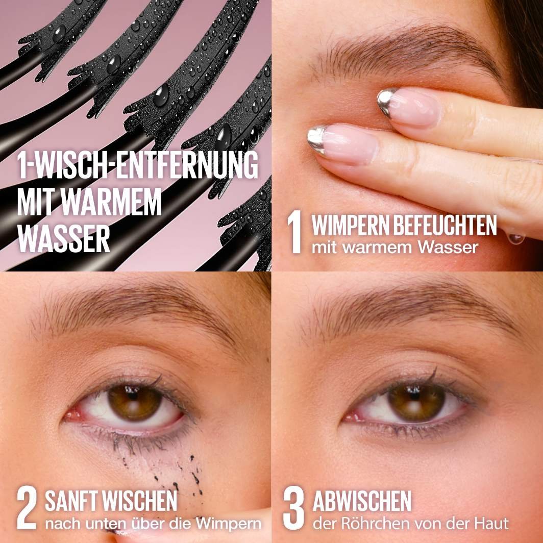 Drei-Schritt-Anleitung zeigt die mühelose Entfernung der Mascara mit nur warmem Wasser