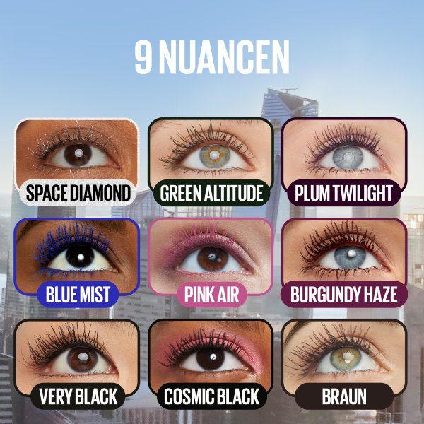 Eine Übersicht der 9 verschiedenen Shades der Maybelline Sky High Mascara, dargestellt an verschiedenen Augen.