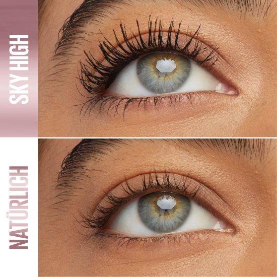 Ein direkter Vergleich zeigt den deutlichen Längen- und Volumeneffekt der Maybelline Sky High Mascara im Vergleich zu den natürlichen Wimpern.
