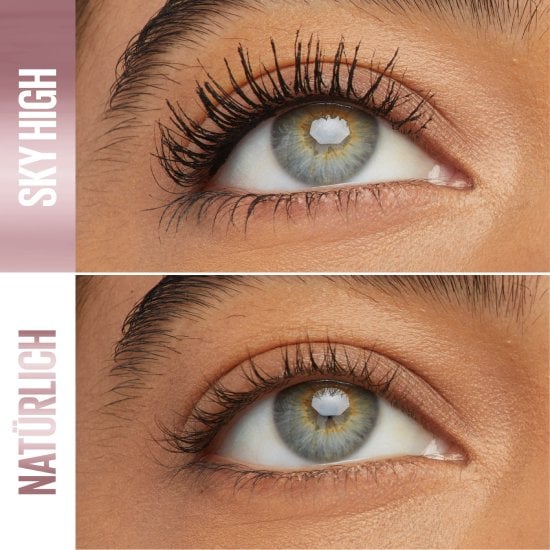Ein direkter Vergleich zeigt den deutlichen Längen- und Volumeneffekt der Maybelline Sky High Mascara im Vergleich zu den natürlichen Wimpern.