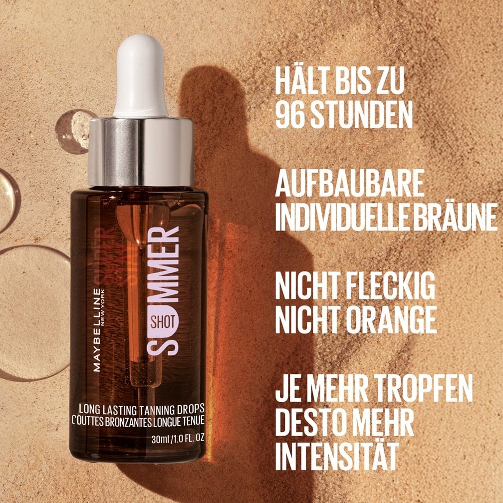Super Stay Tanning Drops im Sand mit Infos zu Haltbarkeit, individueller Dosierung und Finish.