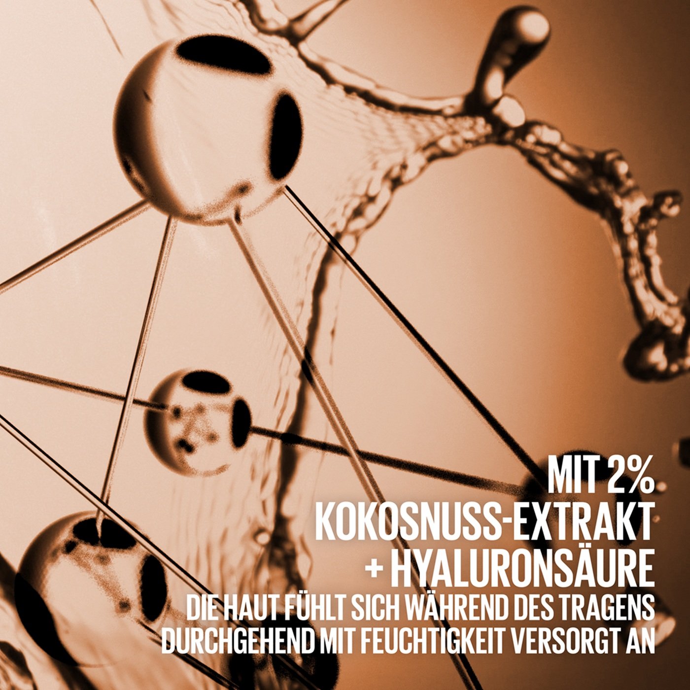 Abstrakte Darstellung von Wassermolekülen in braun mit Schriftzug „Mit 2 % Kokosnuss-Extrakt + Hyaluronsäure“