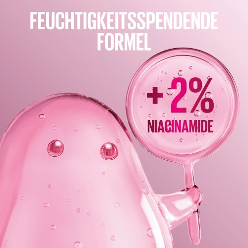 Rosa transparentes Gespenst hält ein Schild mit der Aufschrift „ +2% Niacinamide“ vor rosa Hintergrund