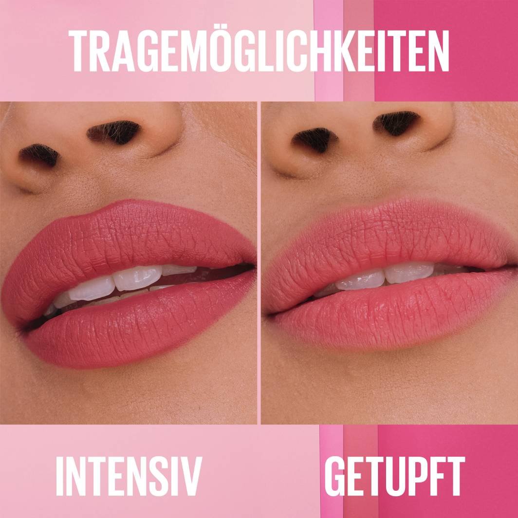 Collage, die zwei Möglichkeiten zeigt, Lippenstift zu tragen: links intensiv aufgetragene Lippen und rechts leicht getupfte, subtile Lippen.