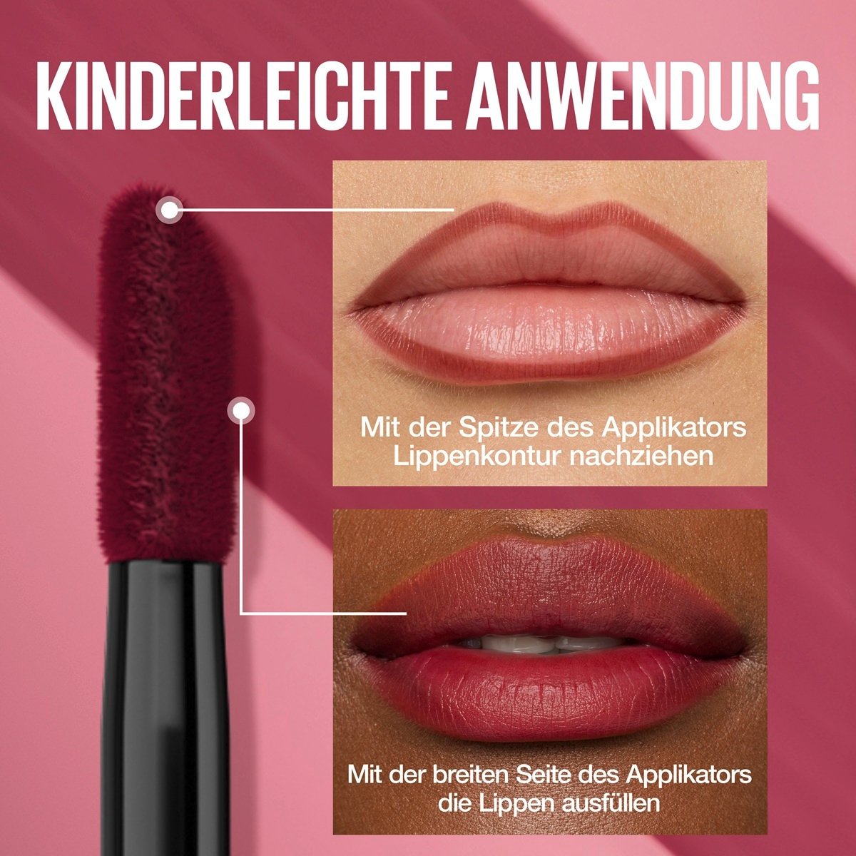 Nahaufnahme des Peel Off Liner Applikators für die Nutzung der Spitze für die Kontur und der breiten Seite zum Ausfüllen der Lippen