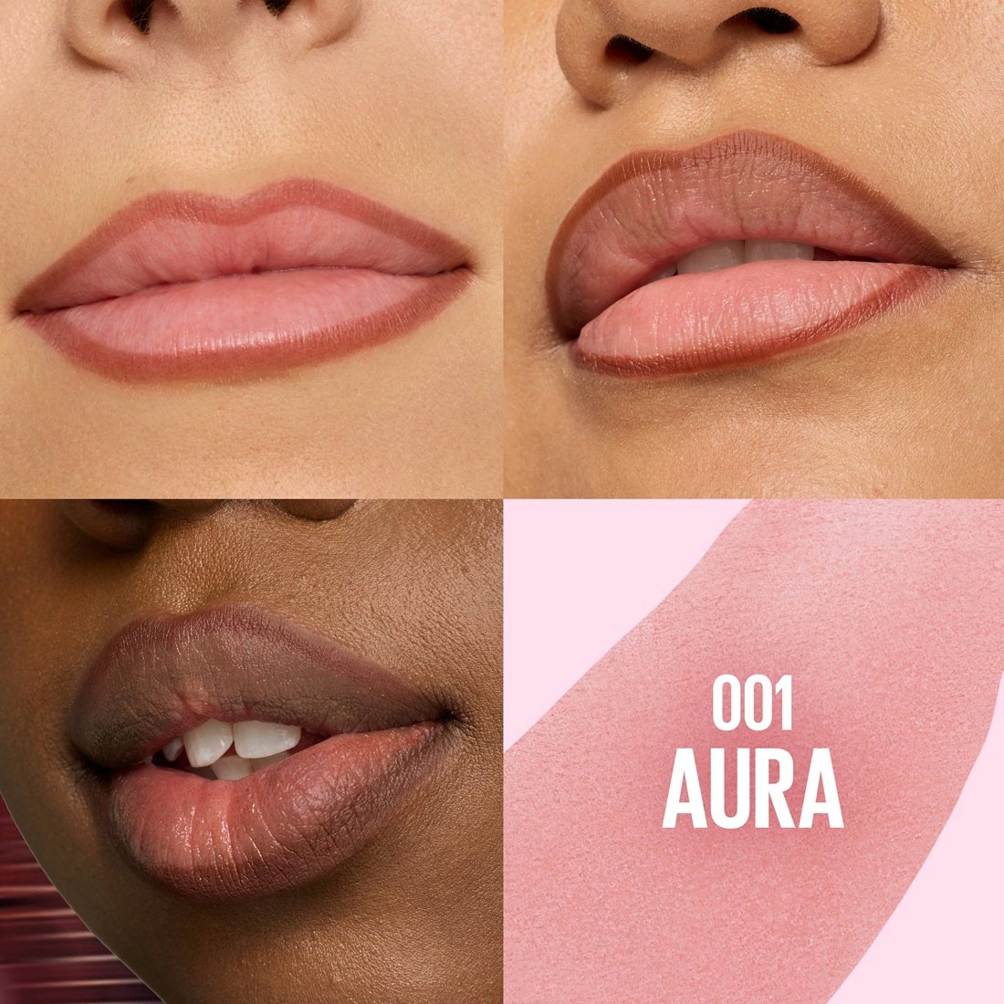 Shade-Vergleich des Peel Off Lipliners in 001 Aura auf drei verschiedenen Hauttönen