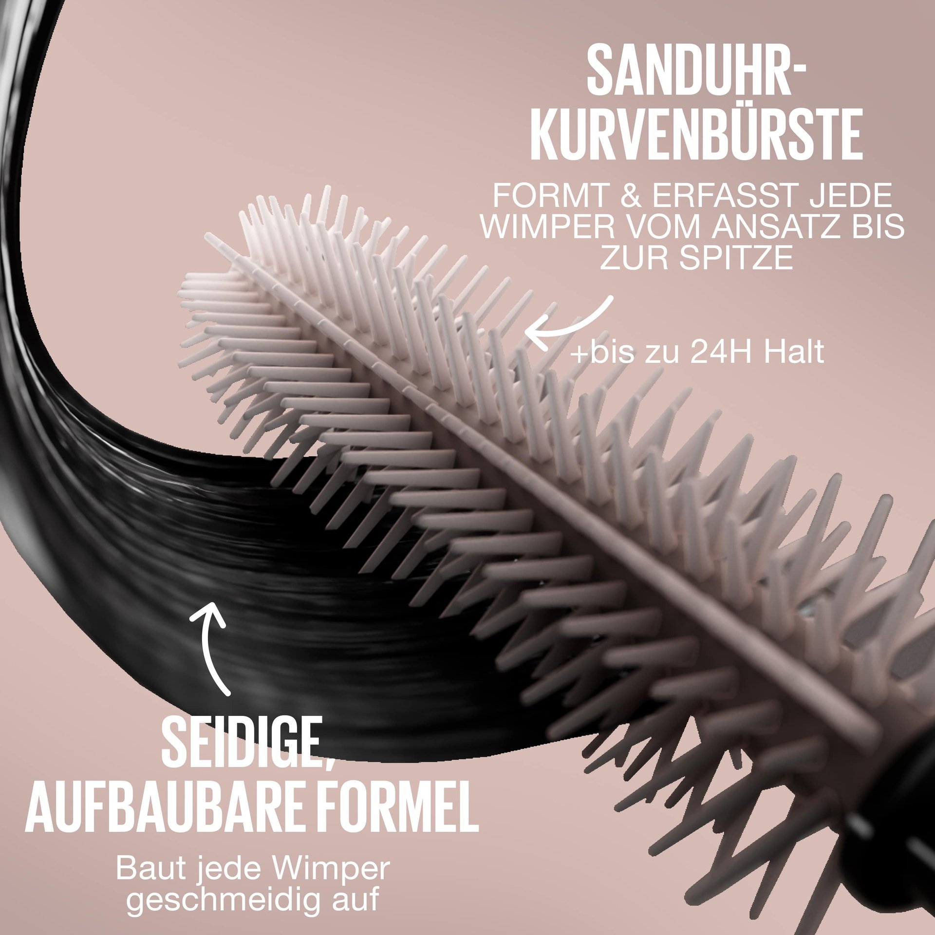 Gros plan de la brosse sablier du mascara Lash Sensational Body imprégnée de formule noire.