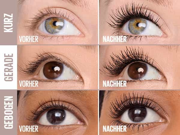 Collage de six comparatifs avant-après montrant l'effet du mascara Lash Sensational Body sur différents types de cils.
