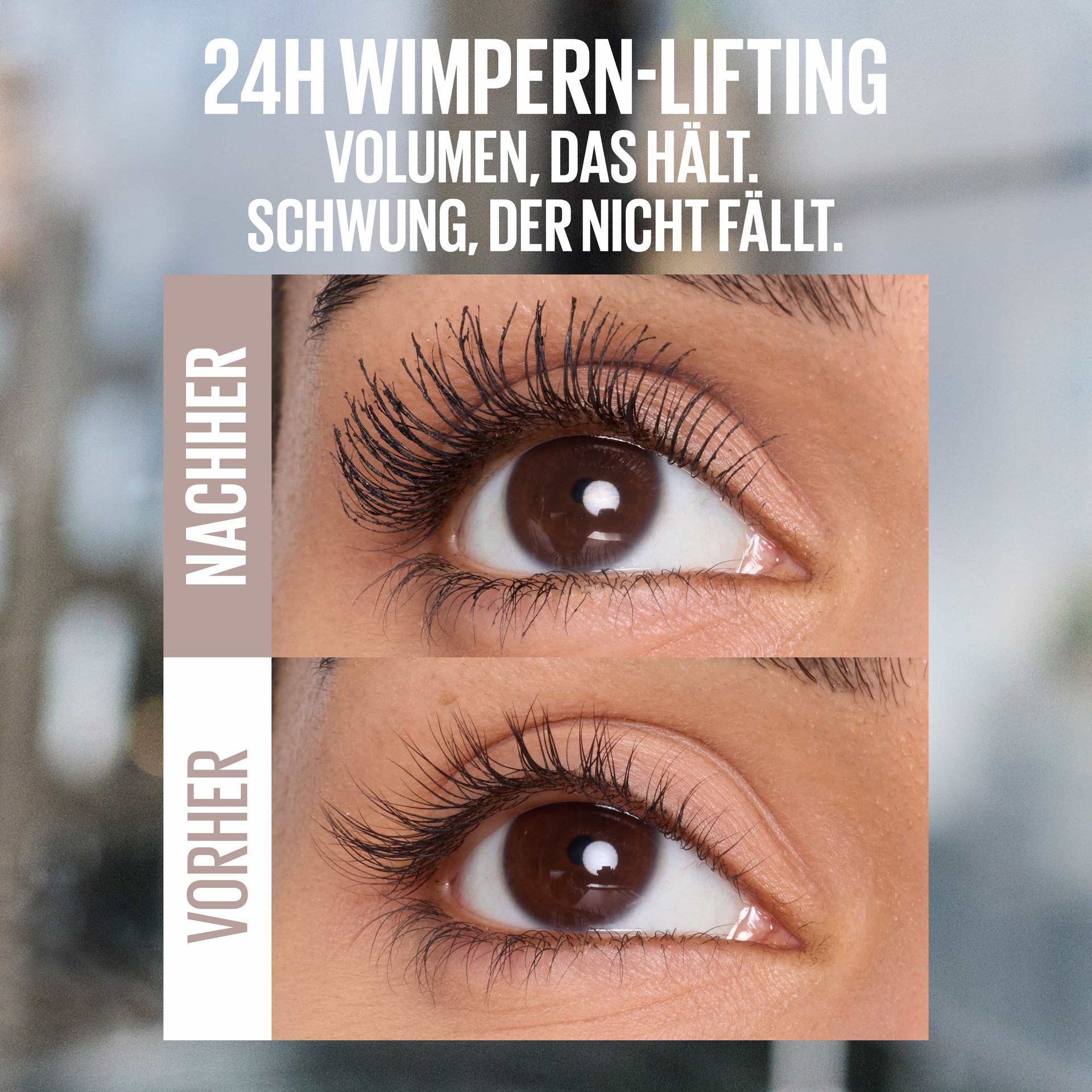 Image comparative d'un œil montrant l'effet du mascara avec des cils nettement plus volumineux et liftés.