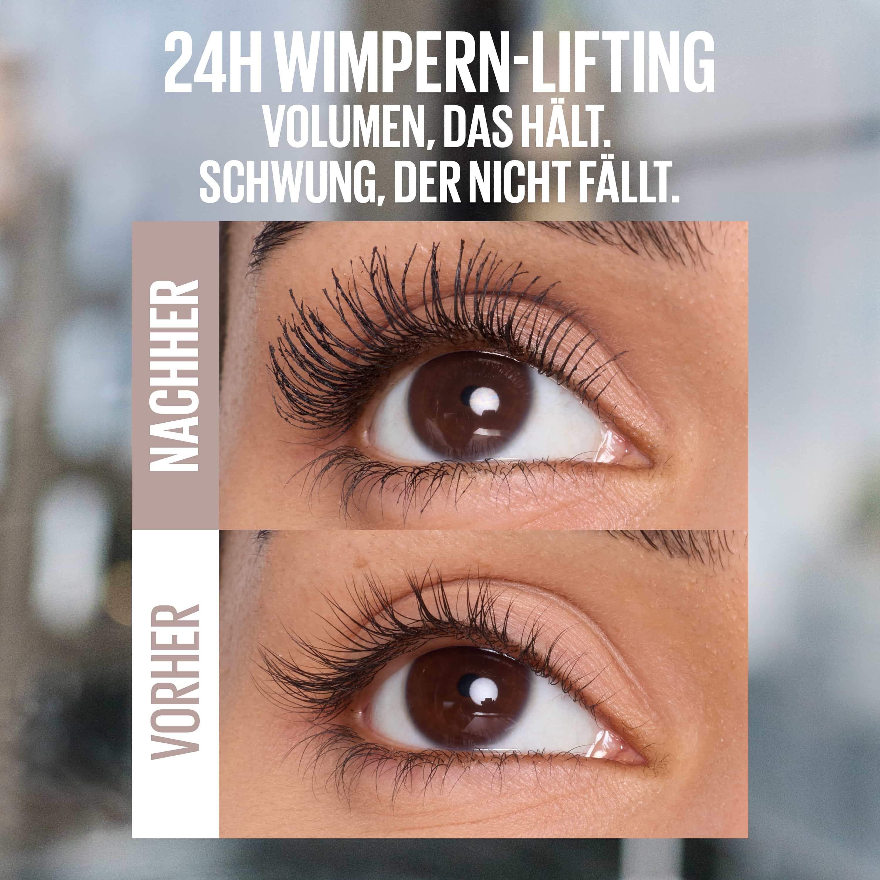 Image comparative d'un œil montrant l'effet du mascara avec des cils nettement plus volumineux et liftés.