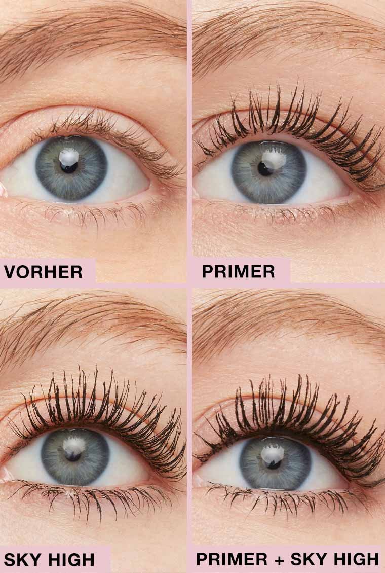 Vergleichssbild von 4 Augen ohne Primer, mit Primer, nur mit Sky High Mascara und Primer und Sky High Mascara