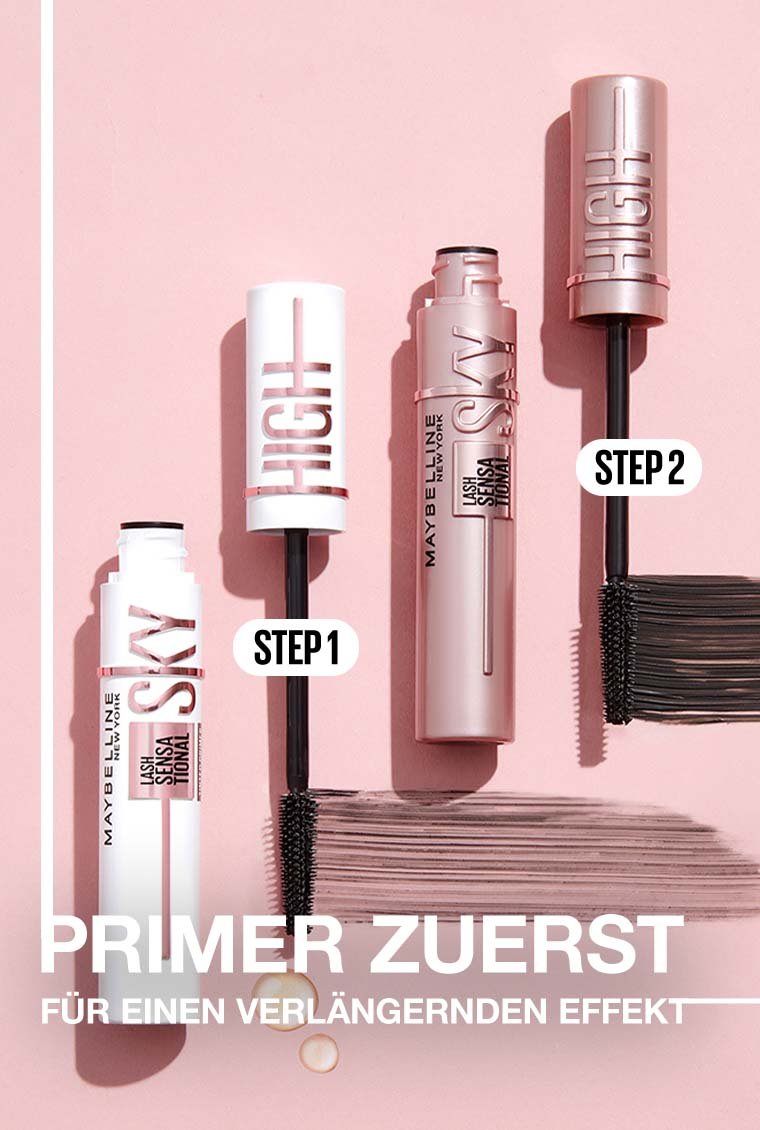 Lash Sensational Primer neben Sjy High Mascara vor rosa Hintergrund, Schriftzug „Primer zuerst“