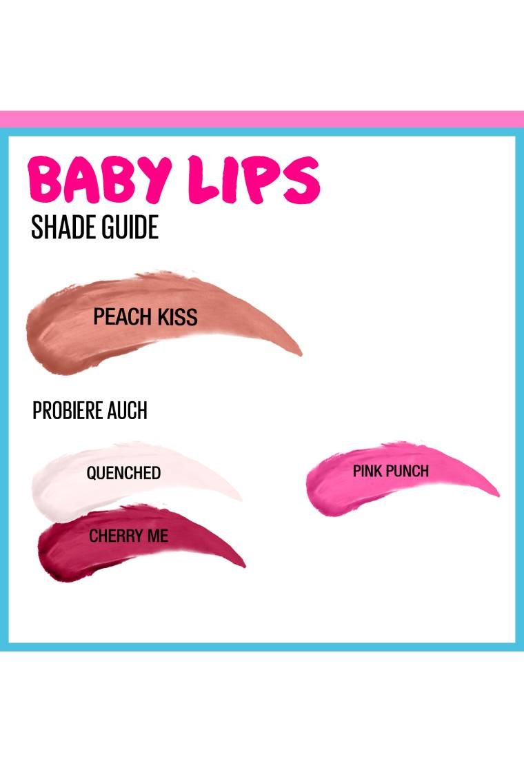 Ein „Shade Guide“ bietet eine Übersicht der vier Varianten Peach Kiss, Quenched, Cherry Me und Pink Punch mit Farbswatch.