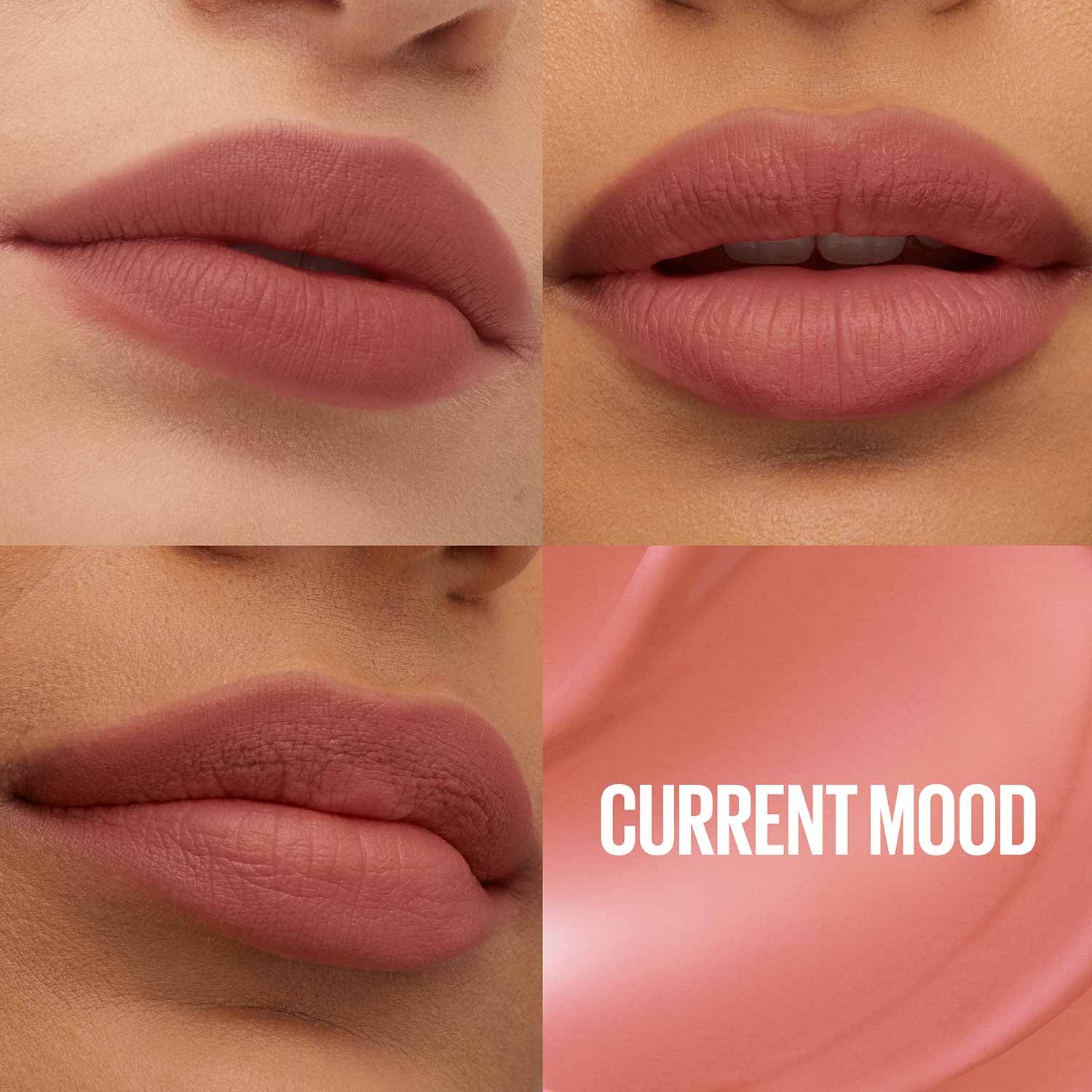 Collage von vier unterschiedlichen Lippen, die den Teddy Tint Lippenstift in Current Mood tragen