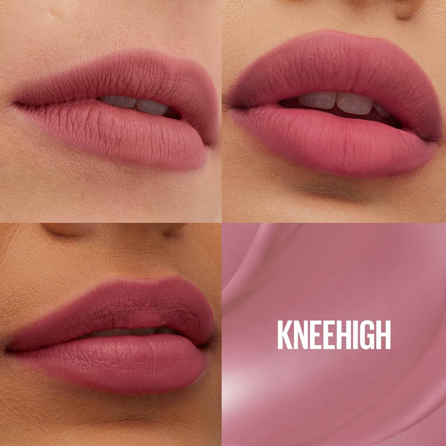 Collage von vier unterschiedlichen Lippen, die den Teddy Tint Lippenstift in Current Mood tragen