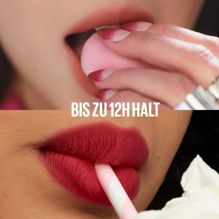 Ein zweiteiliges Bild demonstriert den bis zu 12-stündigen Halt des matten Lippenstifts beim Essen und beim Trinken mit einem Strohhalm