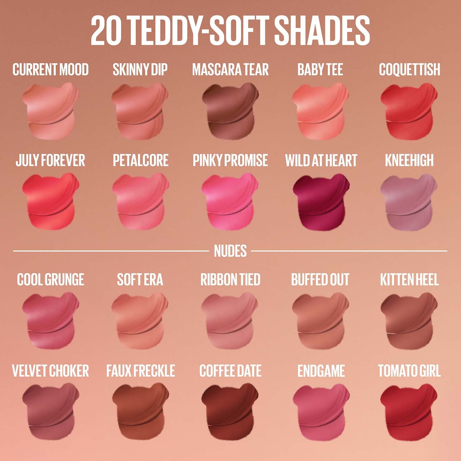 20 verschiedene Teddy Tint Shades in Bärchenform abgibildet in einem 5x4 Raster