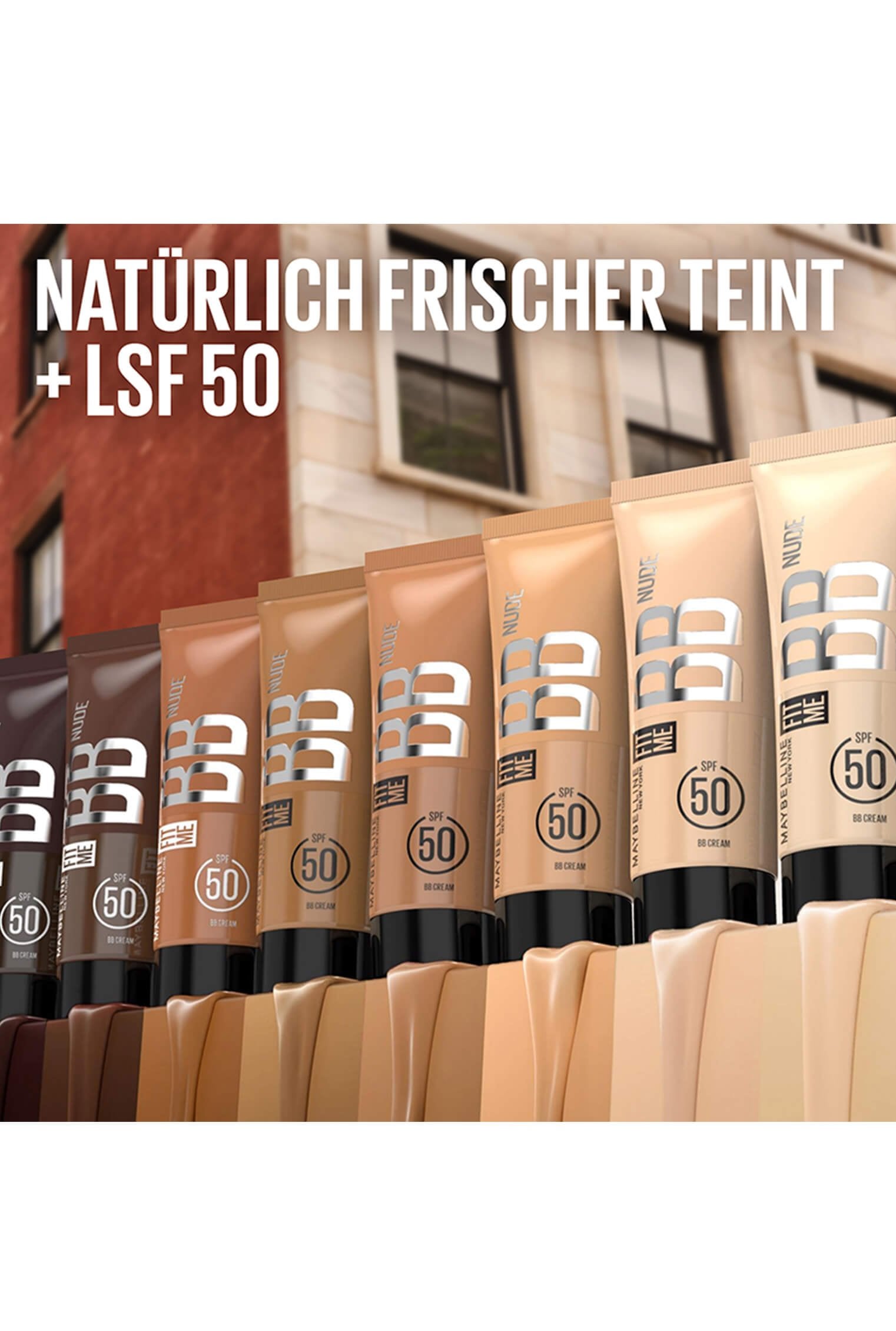 Vorher-Nachher-Bild eines Frauengesichts vor und nach der Anwendung der Fit Me Nude BB Cream 10