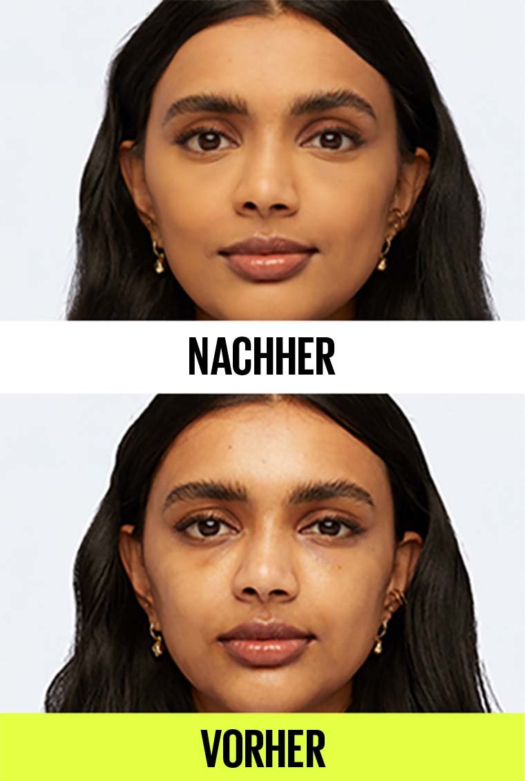 Vorher/Nachher Abbildung des Super Stay 2-in-1 Hybrides Puder Make-Up von Maybelline New York