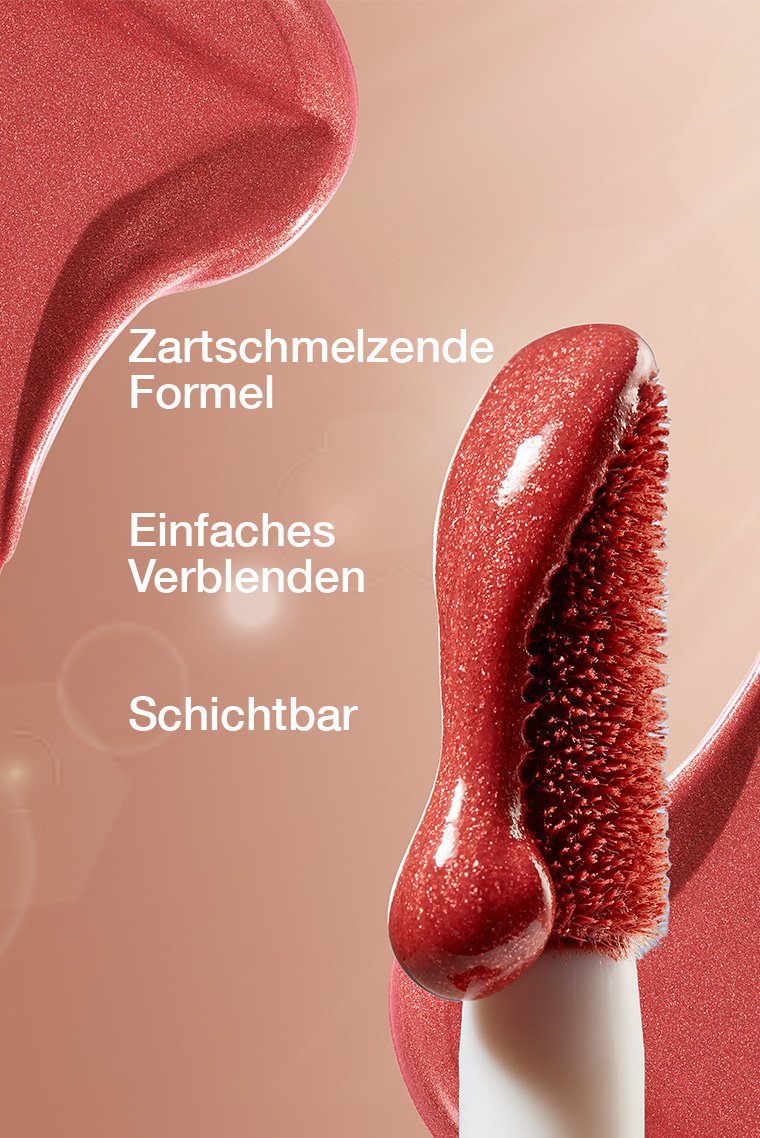 Die Spitze eines MAYBELLINE New York Sunkisser Blush. Daneben stehen Texte: Zartschmelzende Formel, Einfaches Verblenden und Schichtbar.
